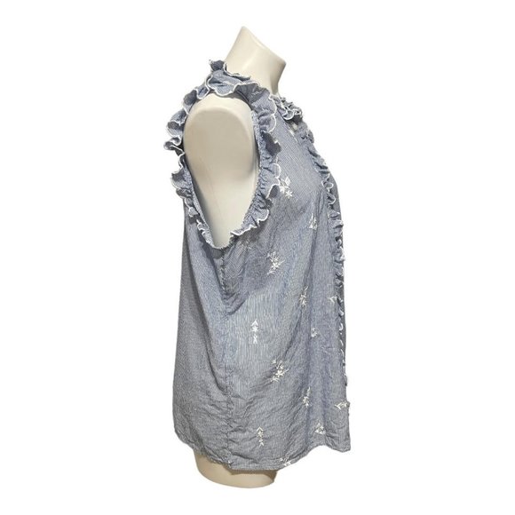 Talbots xl Blue White Striped Sleeveless Ruffle Detail Button Down Shirt - Picture 3 of 6